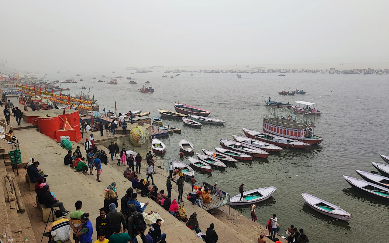 Boats gathered on the Ganga beside the bathing ghats of Varanasi