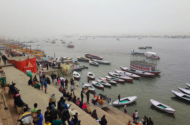 Boats gathered on the Ganga beside the bathing ghats of Varanasi