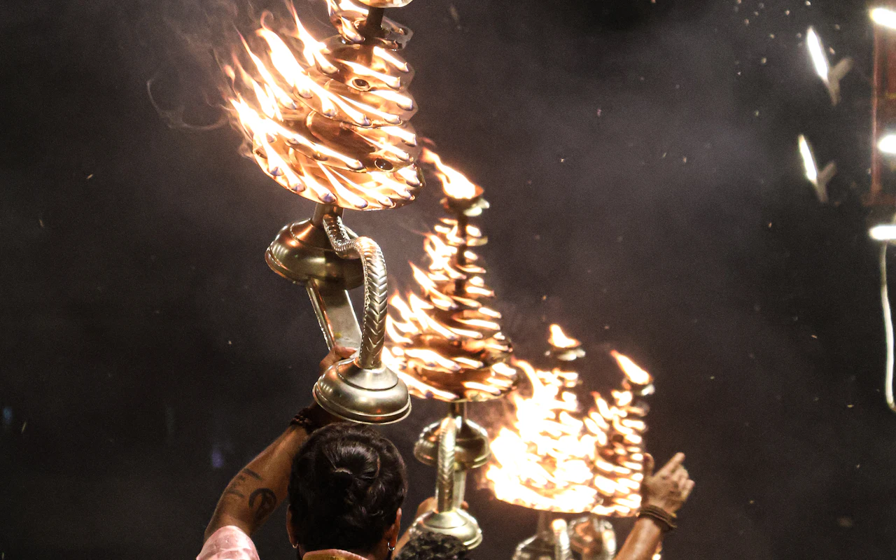 Morning Ganga aarti being performed at Assi Ghat in Varanasi