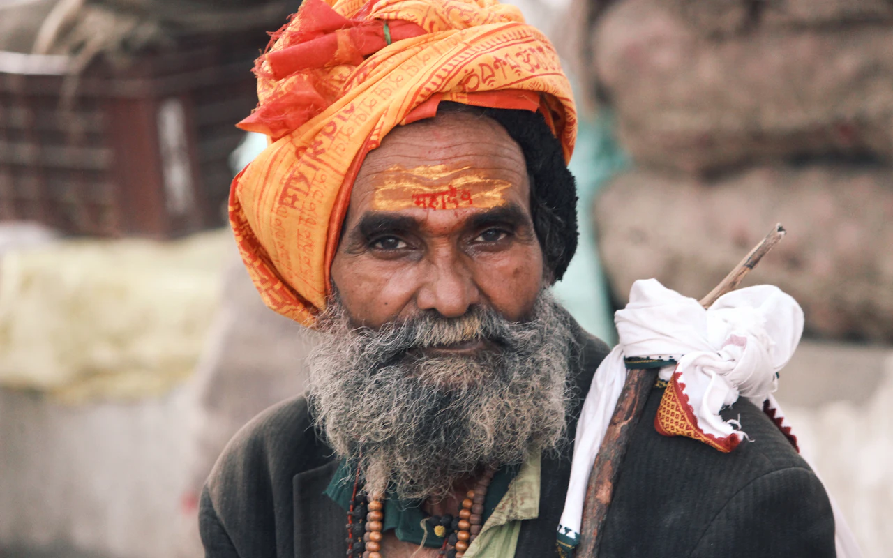 A smiling sadhu with a turban in Varanasi