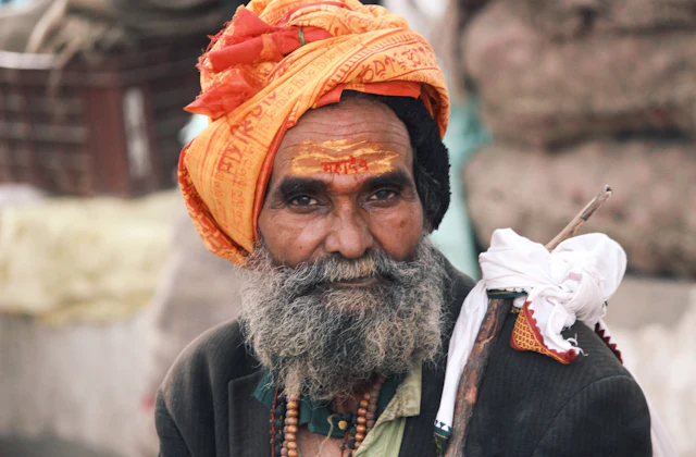 A smiling sadhu with a turban in Varanasi